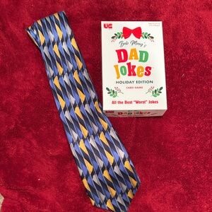 New Dad Jokes Card Game and Bossi All Silk Geometric Blue & Yellow Neck Tie